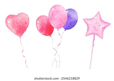 Cute balloons. Vector watercolor heart shaped, star shaped balloon