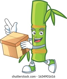 Cute bamboo stick cartoon character having a box