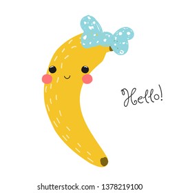 Cute banana with bow and quote. Fashion kids print. Vector hand drawn illustration. 