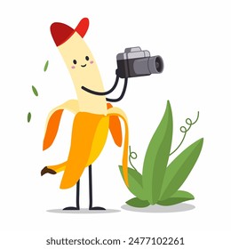 Cute banana with camera vector cartoon character isolated on a white background.