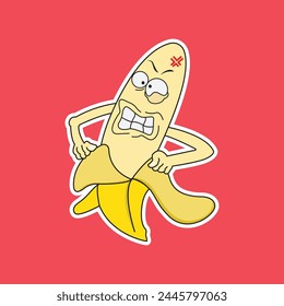Cute banana cartoon character. Can be used as mascot or part of a logo. Illustration of a banana mascot having difficulty wearing clothes, can be included in health, food and wellness company logos.
