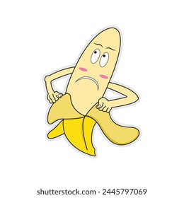 Cute banana cartoon character. Can be used as mascot or part of a logo. Illustration of a banana mascot having difficulty wearing clothes, can be included in health, food and wellness company logos.