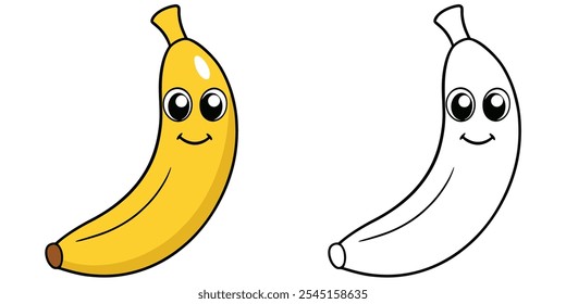 Cute Banana Cartoon Character Coloring Book Vector Illustration. Fruits Coloring Page Printable
