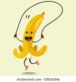 Bonito personagem de desenho animado Banana faz os exercícios de corda de salto. Comer saudável e fitness. Conceito de ilustração de estilo retro plano.