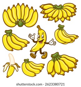 Cute Banana Cartoon Clipart Set and Funny Fruit Character