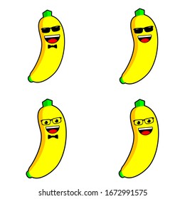cute banana cartoon kawai vector flat design, fresh banana characters with yellow background, laughing expression wearing sunglasses 