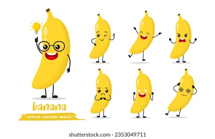 cute banana cartoon with many expressions. fruit different activity pose vector illustration flat design set.