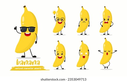 cute banana cartoon with many expressions. fruit different activity pose vector illustration flat design set with sunglasses.