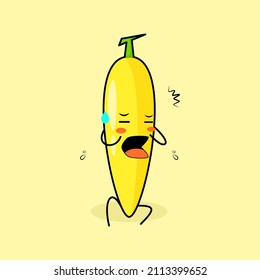cute banana character with afraid expression and sit down. green and yellow. suitable for emoticon, logo, mascot or sticker