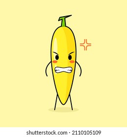 cute banana character with angry expression. eyes bulging and grinning. green and yellow. suitable for emoticon, logo, mascot
