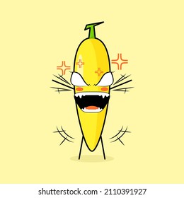 cute banana character with angry expression. both hands raised, eyes bulging and mouth wide open. green and yellow. suitable for emoticon, logo, mascot