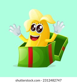 Cute banana character appear in the gift box. Perfect for kids, merchandise and sticker
