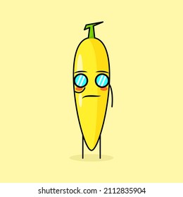 cute banana character with cool expression and eyeglasses. green and yellow. suitable for emoticon, logo, mascot or sticker