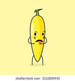 cute banana character with disgusting expression and tongue sticking out. green and yellow. suitable for emoticon, logo, mascot and icon