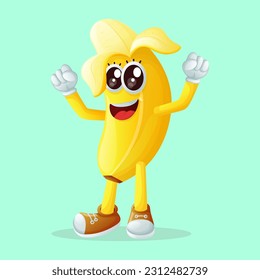 Cute banana character making a victory sign with his hand. Perfect for kids, merchandise and sticker, banner promotion or blog
