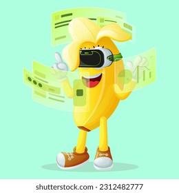 Cute banana character in metaverse. Perfect for kids, merchandise and sticker, banner promotion or blog
