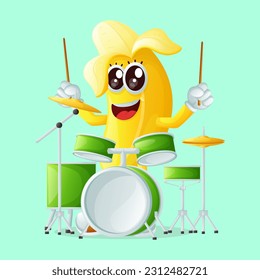 Cute banana character playing drum. Perfect for kids, merchandise and sticker
