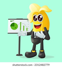 Cute banana character presenting financial reports. Perfect for kids, merchandise and sticker, banner promotion or blog
