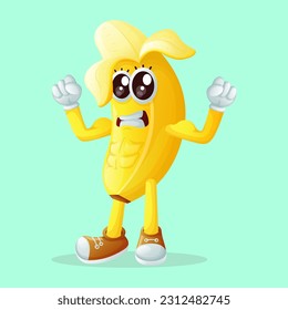 Cute banana character showing off his muscles. Perfect for kids, merchandise and sticker, banner promotion or blog
