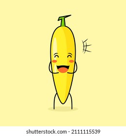 cute banana character with smile and happy expression, close eyes and mouth open. green and yellow. suitable for emoticon, logo, mascot and icon
