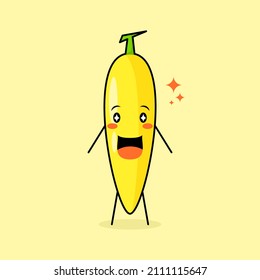 cute banana character with smile and happy expression, mouth open and sparkling eyes. green and yellow. suitable for emoticon, logo, mascot and icon