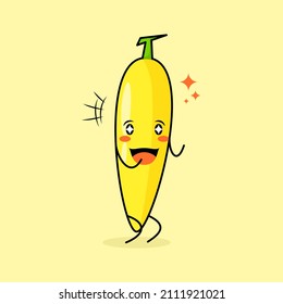 cute banana character with smile and happy expression, two hands clenched and sparkling eyes. green and yellow. suitable for emoticon, logo, mascot and icon