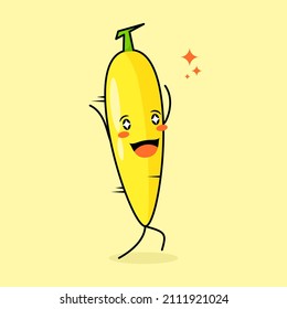 cute banana character with smile and happy expression, run, two hands up and sparkling eyes. green and yellow. suitable for emoticon, logo, mascot and icon