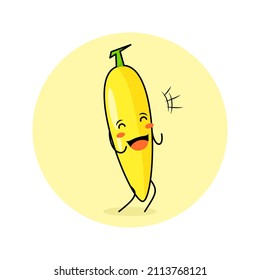 cute banana character with smile and happy expression, close eyes and mouth open. green and yellow. suitable for emoticon, logo, mascot and icon