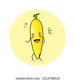 cute banana character with smile and happy expression, mouth open and sparkling eyes. green and yellow. suitable for emoticon, logo, mascot and icon