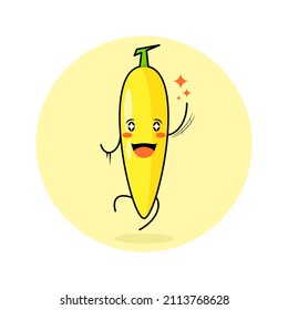 cute banana character with smile and happy expression, jump, one hand up, mouth open and sparkling eyes. green and yellow. suitable for emoticon, logo, mascot and icon