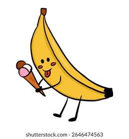 Cute banana character with smiling face holding an ice cream cone in a playful pose. Represents fun, food-themed humor and cheerful fruit illustration for kids and design