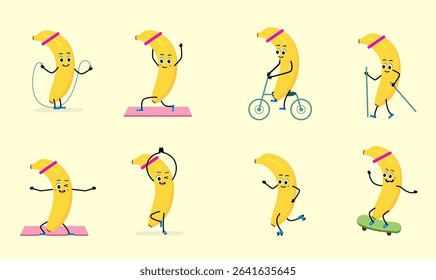 Cute Banana character. sport -  cycling, Skipping rope, scooter, skateboard. concept of a healthy lifestyle and sports. Vector illustration in flat style.