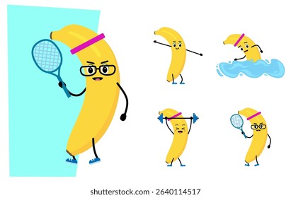 Cute Banana  character. sport -  swimming,  tennis,  Barbell; Dumbbells; . concept of a healthy lifestyle and sports. Vector illustration in flat style.