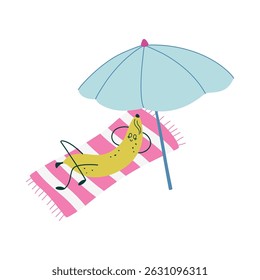 Cute banana character sunbathing on beach. Kawaii fruit character enjoying Summer beach vacations. Hand drawn flat design vector illustration.
