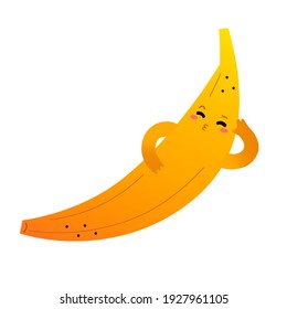 Cute banana character, sweet fruit mascot, kawaii cartoon banana with funny face expression chilling having rest, vector illustration isolated on white background