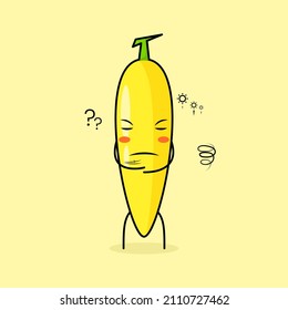 cute banana character with thinking expression and close eyes. green and yellow. suitable for emoticon, logo, mascot