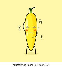 cute banana character with thinking expression, one hand on head and close eyes. green and yellow. suitable for emoticon, logo, mascot
