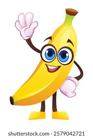 Cute banana character waving happily. Vector cartoon illustration