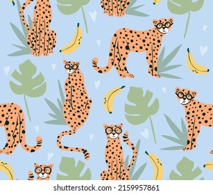 Cute banana and cheetah seamless pattern. Background with animals, banana and monstera. Wallpaper perfect for kids and children.