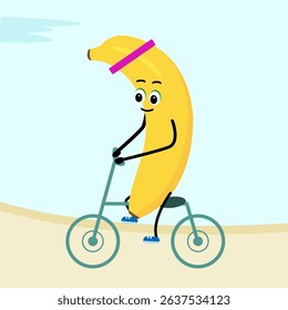 Cute banana. cycling banana walks.  The concept of health, fitness, cartoon. Vector illustration  in flat style..