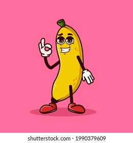 Cute Banana fruit character with cool emoji and show gesture OK. Fruit character icon concept isolated. Emoji Sticker. flat cartoon style Vector