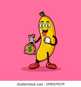 Cute Banana Fruit Character With Money Eyes And Holding Money Bag. Fruit Character Icon Concept Isolated. Emoji Sticker. Flat Cartoon Style Vector