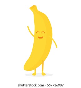 Cute banana fruit characters with faces and hands vector illustration.