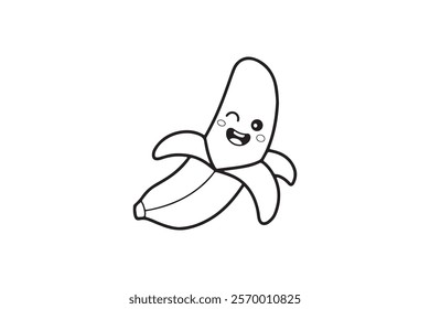 Cute banana fruit, Coloring page hand drawn isolated vector illustration for children.