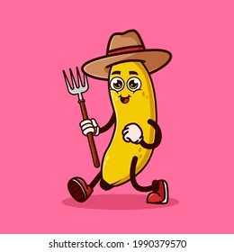 Cute Banana fruit Farmer character with pitchfork. Fruit character icon concept isolated. flat cartoon style Premium Vector