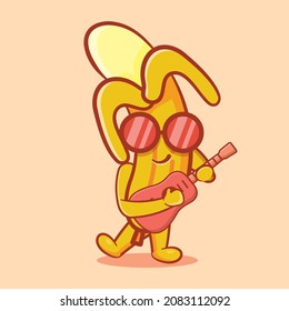Cute banana fruit mascot playing guitar isolated cartoon in flat style