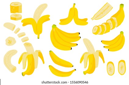 Cute banana fruit object collection. Whole, cut in half, sliced pieces of banana. Vector illustration for icon, logo, sticker, printable