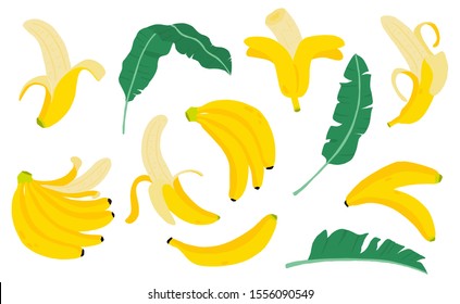 Cute banana fruit object collection. Whole, cut in half, sliced pieces of banana. Vector illustration for icon, logo, sticker, printable