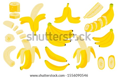 Cute banana fruit object collection. Whole, cut in half, sliced pieces of banana. Vector illustration for icon, logo, sticker, printable