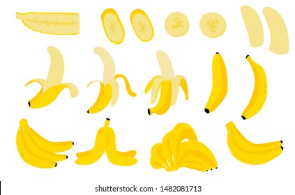 Cute banana fruit object collection.Whole, cut in half, sliced on pieces banana. Vector illustration for icon,logo,sticker,printable